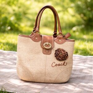 Coach Straw Leather Trim Tote Bag Tan Brown Flower Plaid Lining 11798 Large